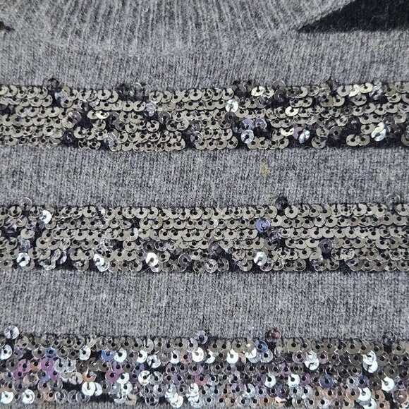 DKNY Size Medium Black Gray Vertical Striped Pullover Sweater Sequin Accents - Picture 3 of 12